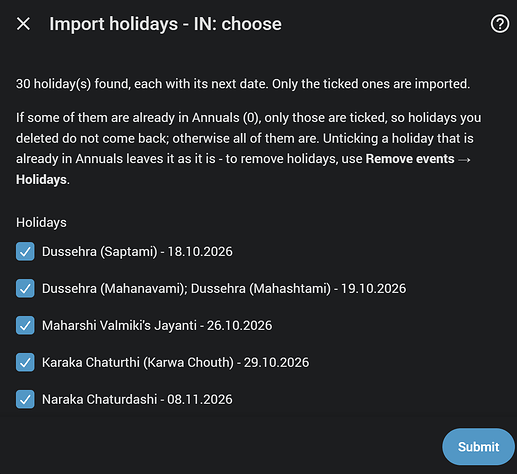 Der neue dritte Schritt beim Feiertagsimport: jeder Feiertag mit seinem nÀchsten Datum und einem HÀkchen