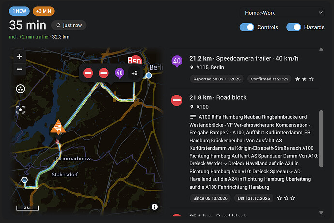 Die Karte auf einer TomTom-Route von Potsdam nach Berlin: die Fahrzeit groà unter den Abzeichen, darunter die Verzögerung, die Route mit Verkehrsfluss auf der Karte und die Liste der Meldungen