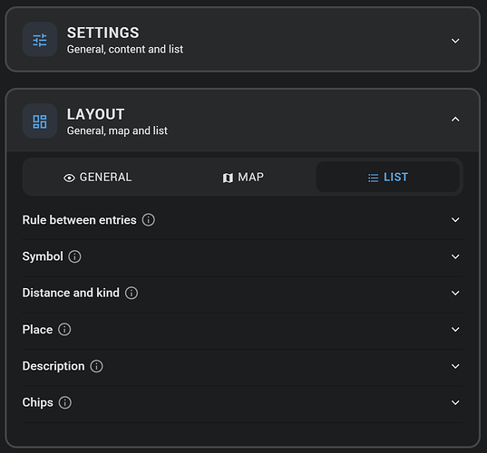 Der Karten-Editor: die Bereiche Einstellungen und Layout, im Layout der Reiter Liste mit einem Block pro Teil eines Eintrags