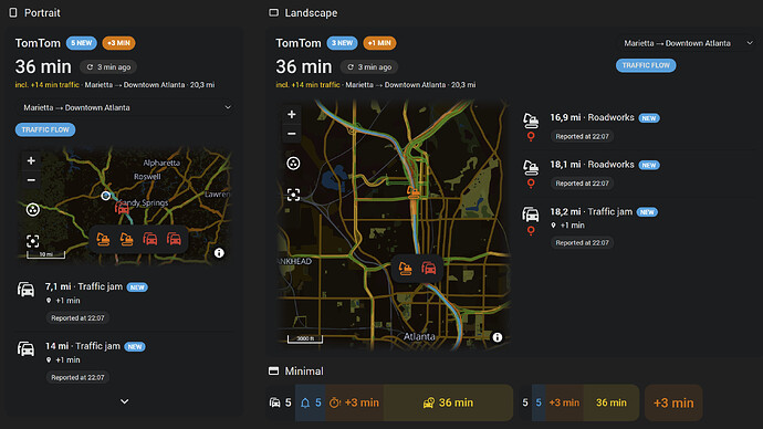 Die TomTom-Karte in ihren drei Formaten auf einer Route in Atlanta: hoch und quer mit Fahrzeit, Verzögerung, Verkehrsfluss auf der Karte sowie Staus und Baustellen unterwegs, und die einzeilige Minimal-Ansicht