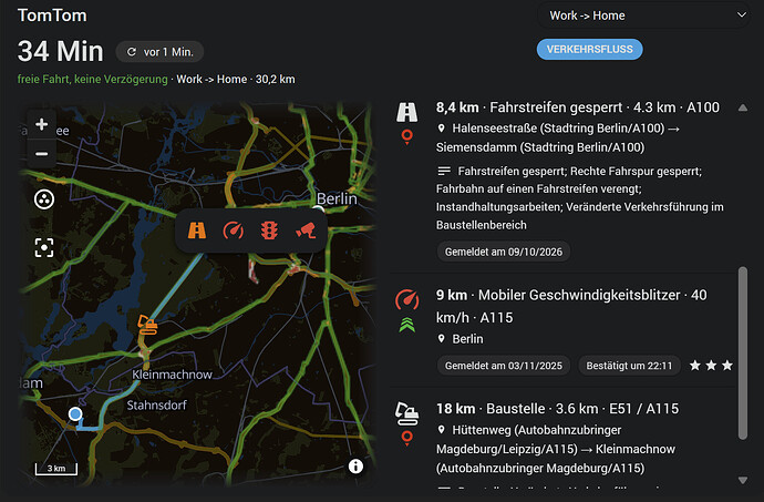Die Karte auf Deutsch auf einer Route nach Berlin: eine Fahrstreifensperrung von TomTom mit Beschreibung, ein von der Community bestätigter mobiler Blitzer von blitzer.de und eine Baustelle