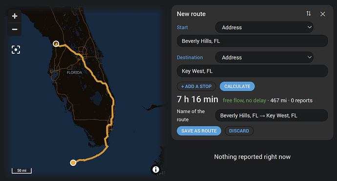 Eine geplante Route von Beverly Hills, Florida nach Key West auf der Karte, mit Fahrzeit, Länge und Meldungen, bereit zum Speichern als Routen-Eintrag